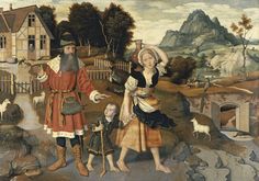 an image of a painting with people and animals in the foreground, one man is holding a child