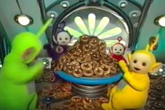 three cartoon characters standing in front of a pile of doughnuts and pretzels