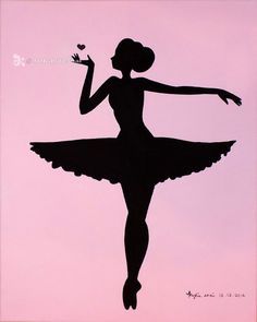 a black silhouette of a ballerina holding a small bird in her right hand, against a pink background