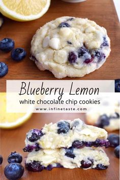 blueberry lemon white chocolate chip cookies are stacked on top of each other, with one broken in half