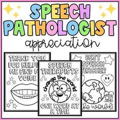 speech pathologist appreciation poster with three different words and pictures on the front, one for each