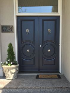 a blue front door with two potted plants next to it