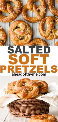 salted soft pretzels in a basket on a wooden table with text overlay