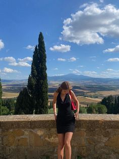 a woman standing on top of a stone wall