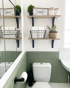 a white toilet sitting under a bathroom mirror next to a bathtub with plants on it