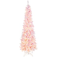 a pink and white christmas tree with lights on the top, in front of a white background