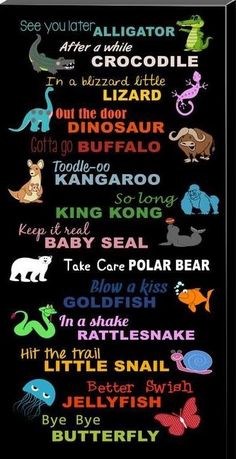 a poster with different types of animals and words on it's black background, including names