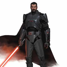 a star wars character with a light saber in his hand and a dark vader standing behind him