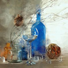 a painting of blue bottles and glasses next to each other on a table with rocks