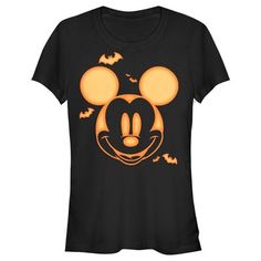 Who knew that dressing "mousey" could be so cute!? Celebrate Walt Disney's most iconic character with these officially licensed Mickey Mouse and Friends styles for the whole family! This fun new Juniors' Halloween graphic t-shirt features a spooky glowing orange Mickey Mouse face surrounded by matching orange bats fluttering in the background. Grab some new Mickey and Friends apparel today and celebrate Halloween Disney-style this year! Halloween Mickey Mouse Short Sleeve T-shirt, Halloween Mickey Mouse T-shirt For Disney Fans, Halloween Mickey Mouse Crew Neck Top, Black Minnie Mouse T-shirt Short Sleeve, Black Minnie Mouse Short Sleeve T-shirt, Black T-shirt With Minnie Mouse Graphic, Crew Neck, Wonder Woman Superhero, Star Wars Halloween, Face Graphic