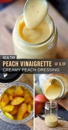 peach vinaigrete and diffrent creamy peach dressing in a jar with spoon