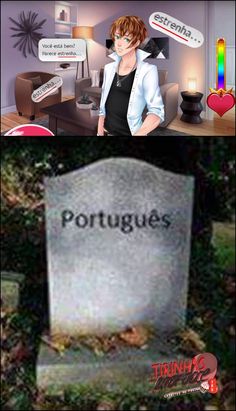 an animated image of a woman standing in front of a grave with the words portuguese on it