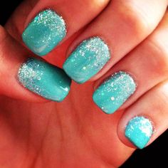 Tiffany Blue Nails With Glitter, Blue Nails With Glitter, Turquoise Acrylic Nails, Tiffany Blue Nails, Tiffany Nails, Nail Art For Girls, Purple Glitter Nails, Aqua Nails