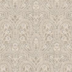 an ornate wallpaper pattern in beige and grey tones, with small flowers on the left side