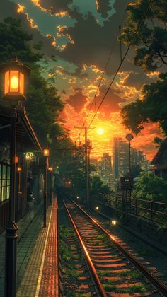 a train station with the sun setting in the background and some trees on the other side