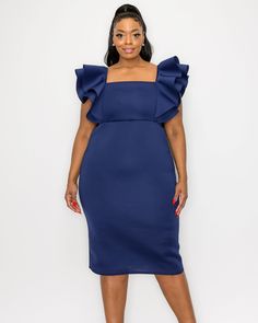 This dress is perfect for your next night out! The gorgeous neoprene material and flutter sleeves give this bodycon midi length dress a stylish look, while the thick and stretchy fabric ensures you'll be comfortable all night long. Swap out your accessories and take this plus size dress from workwear to date night in a snap L I V D Charlie Flutter Sleeve Dress | Navy | Dresses | Materials & Care Instructions: ['95% Polyester, 5% Spandex', 'Made in USA'] Party Midi Dress With Ruffles And Flutter Sleeves, Chic Flutter Sleeve Midi Dress For Work, Elegant Flutter Sleeve Mini Dress For Date Night, Chic Ruffle Sleeve Midi Dress For Evening, Chic Butterfly Sleeve Dresses For Work, Chic Midi Dress With Flutter Sleeves For Work, Chic Midi Dress With Butterfly Sleeves, Trendy Stretch Midi Dress Knee-length, Trendy Knee-length Stretch Midi Dress