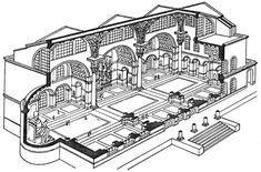 an architectural drawing shows the interior of a building with several floors and arches on each side