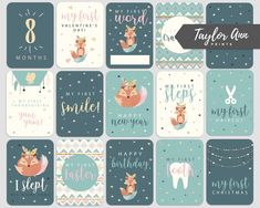 a set of nine cards with cute animals and lettering on them, all in different colors