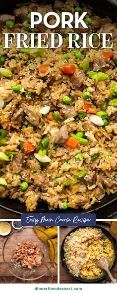 pork fried rice in a skillet with carrots and celery