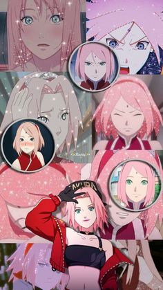 some anime characters with pink hair and blue eyes