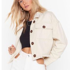 Worn Once! Like Brand New Trendy Beige Shacket For Spring, Cream Collared Outerwear For Day Out, Casual Cream Cropped Jacket For Fall, Cream Outerwear With Button Closure For Day Out, Casual Cream Cropped Jacket With Pockets, Cream Shacket For Everyday, Trendy Cream Shacket For Spring, Cream Cotton Outerwear For Day Out, Flares Outfit