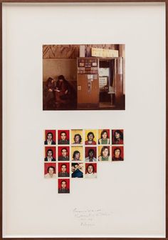 a group of people sitting in front of a vending machine with pictures on it