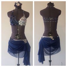 two pictures of a mannequin wearing a blue skirt with silver sequins