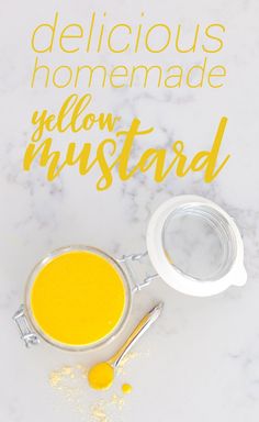 a yellow mustard sauce in a glass bowl on a marble counter top with the words delicious homemade below it