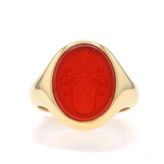 Size: 7 1/2 Sizing Fee: Up 1 size for $60 or Down 1 size for $40 Metal Content: 18k Yellow Gold Stone Information Natural Carnelian Cut: Intaglio Color: Orangey Red Style: Signet Theme: Crest, Coat of Arms Measurements Face Height (north to south): 23/32" (17.7mm) Rise Above Finger: 3/16" (4.1mm) Weight: 12.1 Grams Stamps: 18k, maker's mark Condition: Pre-Owned Professionally cleaned, polished, and tested to guarantee metal content. Carnelian Stone, Rise Above, La Face, Modern Ring, Red Style, Gold Stone, Maker's Mark, Men's Ring, Vintage Coat