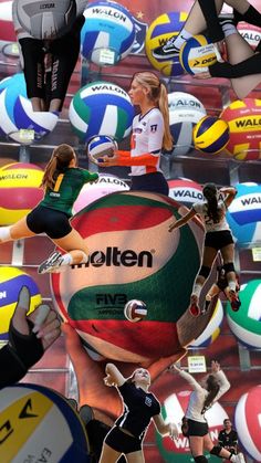 many volleyballs are being displayed in this collage, including women and men with different colors