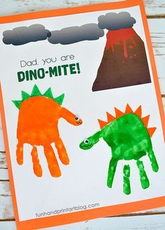 a father's day card with dinosaur handprints and the words dad you are dino - mite