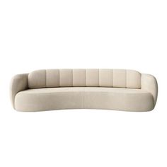 the curved sofa is made from fabric and has buttons on the back, which are attached to