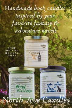 three candles with the words, handmade book candles inspired by your favorite fantasy and adventure novels