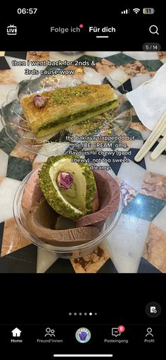 an image of food on a table with chopsticks in the foreground and text below it