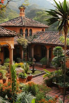 an outdoor courtyard with potted plants and trees in the foreground, surrounded by greenery