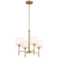 three light chandelier with white glass shades on the bottom and gold metal frame