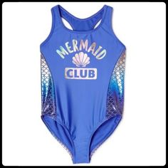 Wonder Nation Girls Mermaid Club One-Piece Swimsuit Featuring A Foil Scale Print Down The Sides And The Entire Back And Rubber Foil Mermaid Club Print On The Chest For An Extra Fashionable Splash Of Style. It Has A Racerback, Is Lined - Recycled 84% Polyester/16% Spandex; Lining 100% Recycled Polyester, Machine Washable, Too Small - Nwot Blue Summer Bodysuit For Playwear, Playful Mermaid Swimwear For Summer, Sleeveless Blue Leotard For Swimming, Fitted Blue Bodysuit For Playwear, Blue Sleeveless Bodysuit For Playwear, Blue Sleeveless Playwear Bodysuit, Sleeveless Blue Bodysuit For Playwear, Playful Blue Sleeveless Bodysuit, Blue Mermaid Swimwear For Poolside