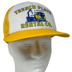 Trench Plate Rental Co Vintage 80s Trucker Hat Construction Road Work Yellow Vernon Headliner Mesh Snapback Baseball Cap I always ship hats in a box. CONDITION: In gently used condition - has a faint spot. Has been cleaned and sanitized. See photos. Vintage Yellow Snapback Trucker Hat, Vintage Yellow Snapback Baseball Cap, Retro Yellow Baseball Cap, Vintage Yellow Baseball Cap Trucker Hat, Vintage Yellow Trucker Baseball Cap, Retro Yellow Trucker Hat With Curved Brim, Vintage Yellow Trucker Hat, Retro Yellow Curved Brim Trucker Hat, Yellow Vintage Trucker Hat