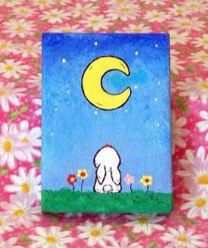 a painting of a white dog sitting on top of a flower covered ground with the moon in the sky