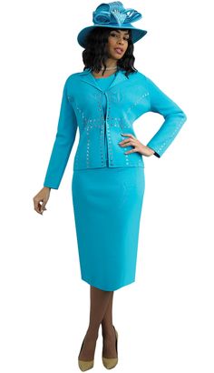 Lily & Taylor 769 light blue knit skirt suit Suit Colors, Suit Hat, Church Attire, Women Church Suits, Church Suits, Yellow Light, Dark Yellow, Knee Length Skirt, Turquoise Color