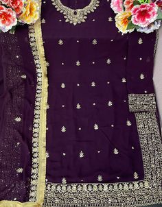 Designer Party Wear Faux Georgett Pakistani Suit Collection Processing Time : 20-25 Working Days Work : Purple Floral Embroidered Georgette Pakistani Suit Fabric:Top : Faux Georgette Bottom : Santoon Dupatta : Faux Georgette Color:Top : Purple Bottom : Purple Dupatta : Purple Note : Purple colored pakistani suit is prettified with thread work as shown which makes it appear classy. This top is made of georgette fabric which is accompanied with santoon bottom, santoon lining and Georgette dupatta. Purple Semi-stitched Formal Set, Purple Formal Sets For Diwali, Formal Purple Sets With Zari Work, Formal Purple Sets With Dupatta, Fitted Purple Embroidered Sets, Purple Sequined Sets For Party, Purple Sequined Party Sets, Purple Sequin Party Sets, Fitted Bollywood Party Suits