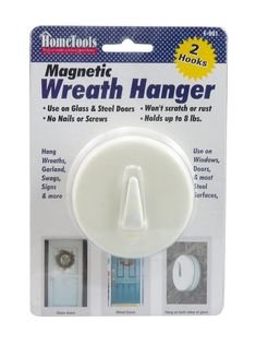 magnetic wreath hanger in white packaging with instructions on how to use the magnets