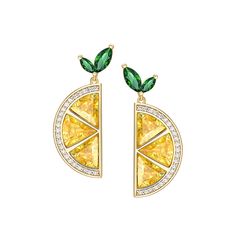 Half Lemon Yellow Zircon Earrings in 925 Sterling Silver Product Features: In the small town of "Limone" in Italy, when the fruit is ripe, the large slices of lemons become the eye-catching scenery on the shore of Lake Garda. The yellow zircon is cut into a semi-circle shape, depicting the crystal clear lemon flesh, which refracts mesmerizingly in the sun. Product Information: Material: Sterling silver; Cubic zircon Popular element: Yellow lemon Color: Gold Size: Height 3.2cm,width 1.1cm Applica Beach Party Gifts, Lemon Earrings, Yellow Gold Color, Lemon Drop, E 40, Stone Setting, Gold Copper, Fashion Elegant, Green Glitter