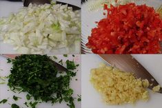 four different types of chopped vegetables on a cutting board