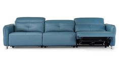 a blue leather couch with two recliners