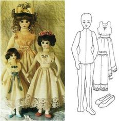 an image of children's clothes and dolls in the same pattern, including dresses