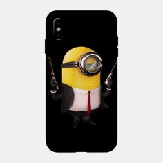 a phone case with a minion holding two knives and a magnifying glass