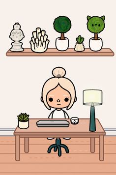 a drawing of a woman sitting at a desk in front of some plants and other items