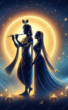 two women are standing in front of a full moon with an instrument and the background is blue