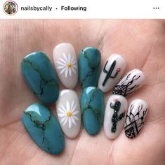 Boho Western Nails, Cactus Nails, Rodeo Nails, Cowboy Nails, Black Gel Nails, Cute Nail Colors, American Nails, Western Nails, Boho Nails